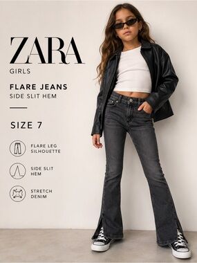 ZARA Girls Black Washed Flare Jeans Size 7 Side Slit Hem Stretch Denim